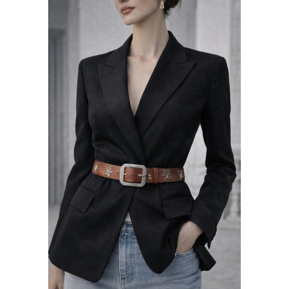 Free People Brown Leather Studded Star Belt Western Boho Festival Womens M/L - Picture 10 of 10